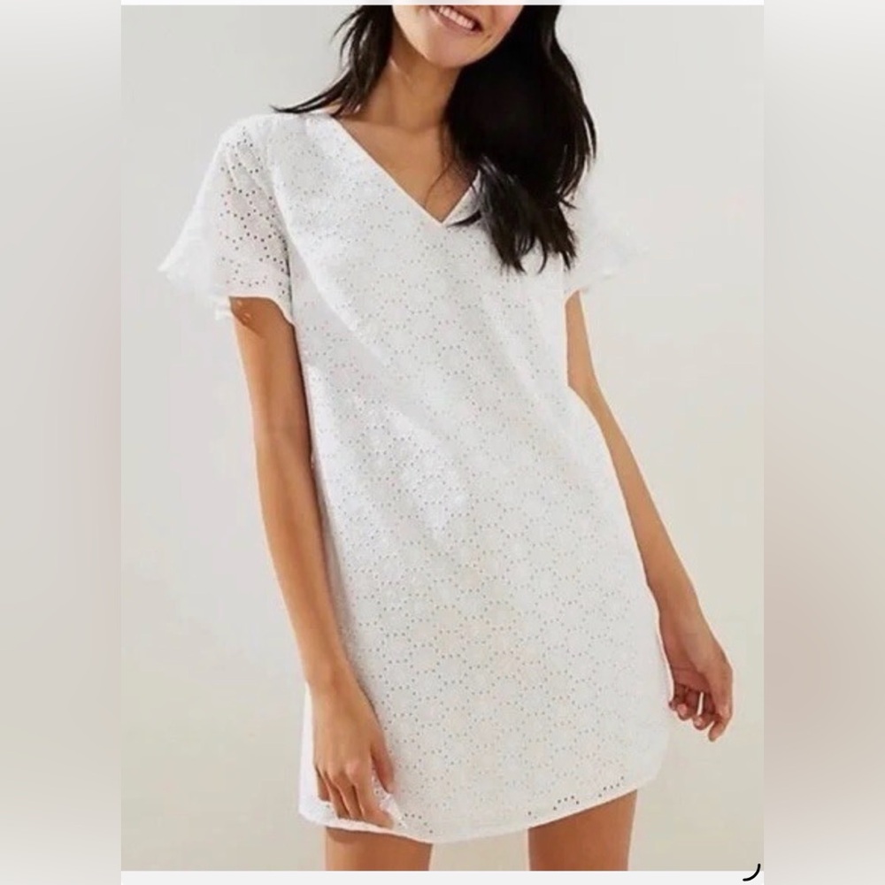 Pretty White Mini Lined Eyelet  dress with Short Flutter Sleeves . .